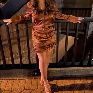 Satin Button Up Side Ruched Dress Brown - Size Small